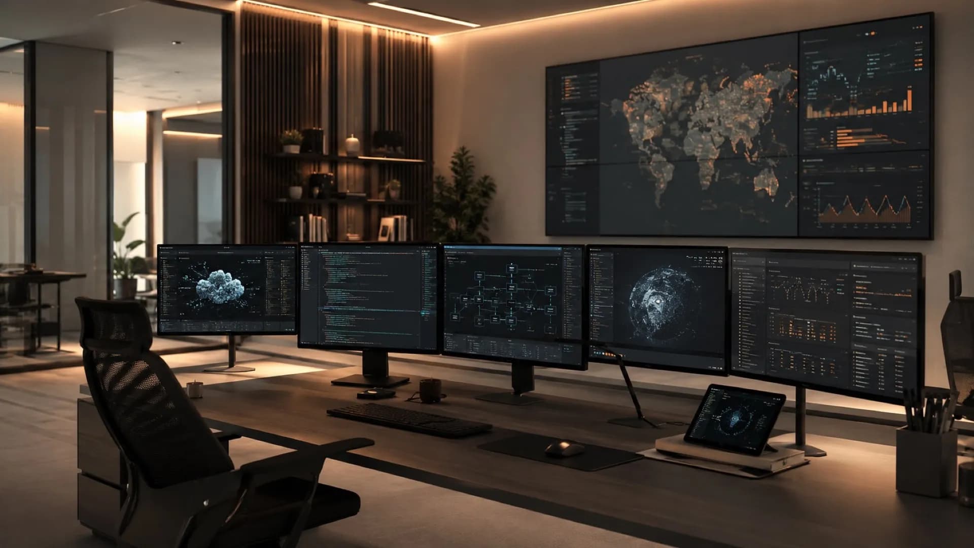 A modern engineering command center — cloud infrastructure, AI workflows and monitoring dashboards